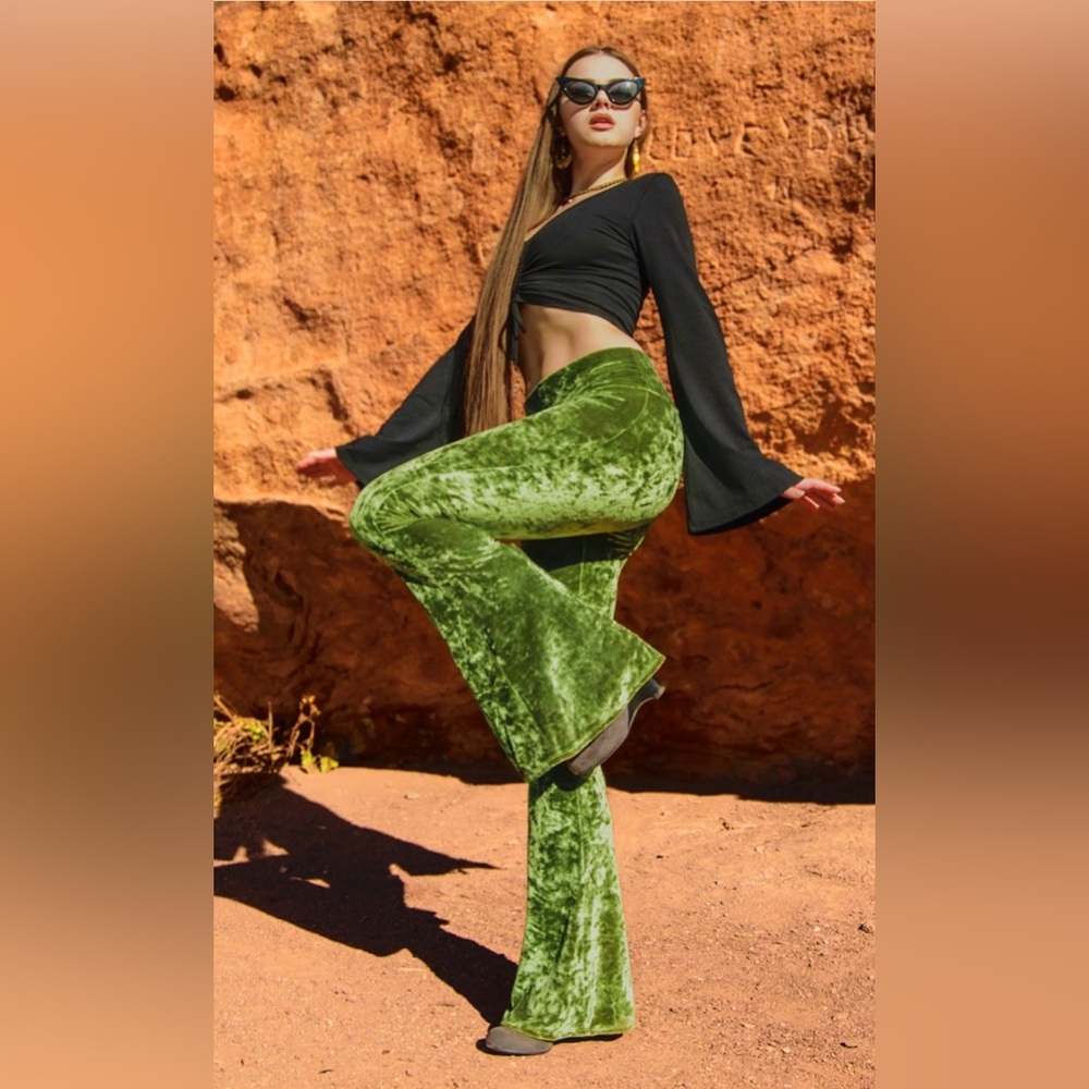 Green Velvet Flare Pants - Women